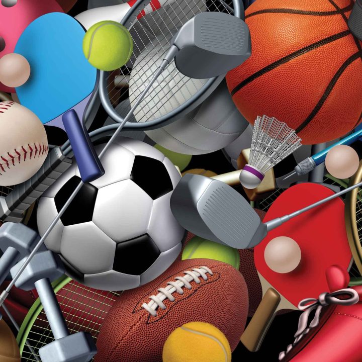 Sports equipment with a football basketball baseball soccer tennis and golf ball including ping pong tennis hockey puck as healthy recreation and leisure fun activities with 3D illustration elements.